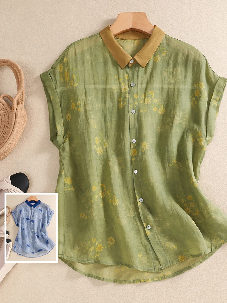 

Льняной топ с цветочным принтом в стиле ретро, большой размер, женский летний тонкий повседневный топ с цветочным воротником во французском стиле