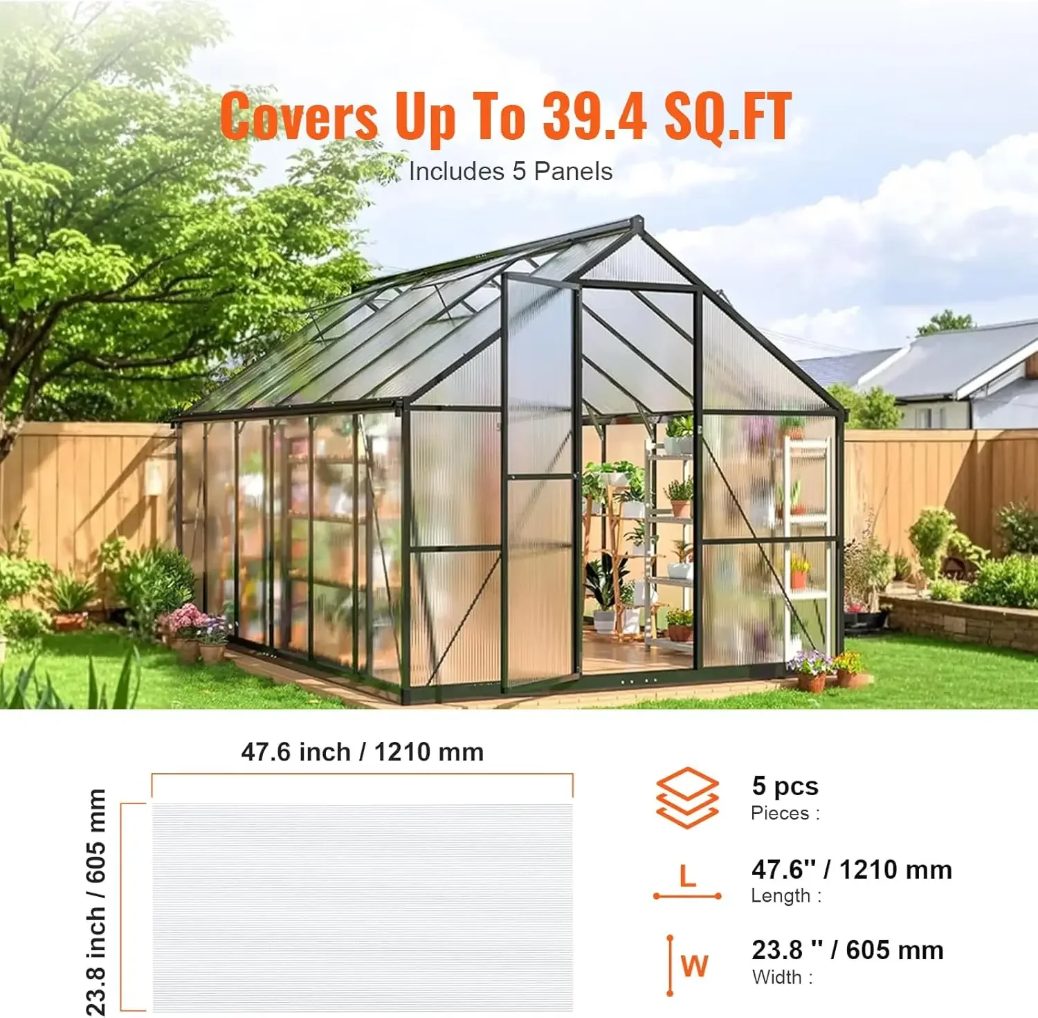 แผงเรือนกระจกโพลีคาร์บอเนต 5 แพ็ค, แผ่นแผงหลังคา 2 'X 4' X 0.32 '', หลังคาพลาสติกลูกฟูกป้องกันรังสียูวีกันน้ํา