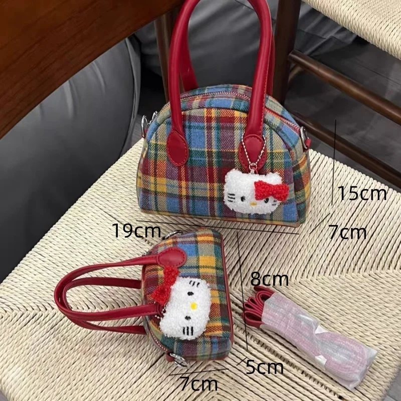 Miniso Vintage Hellokitty Red Shell Bags Plaid Patchwork Cute Small Handbags Two Size Kitty Doll Messenger Bags Kawaii Bag Girls