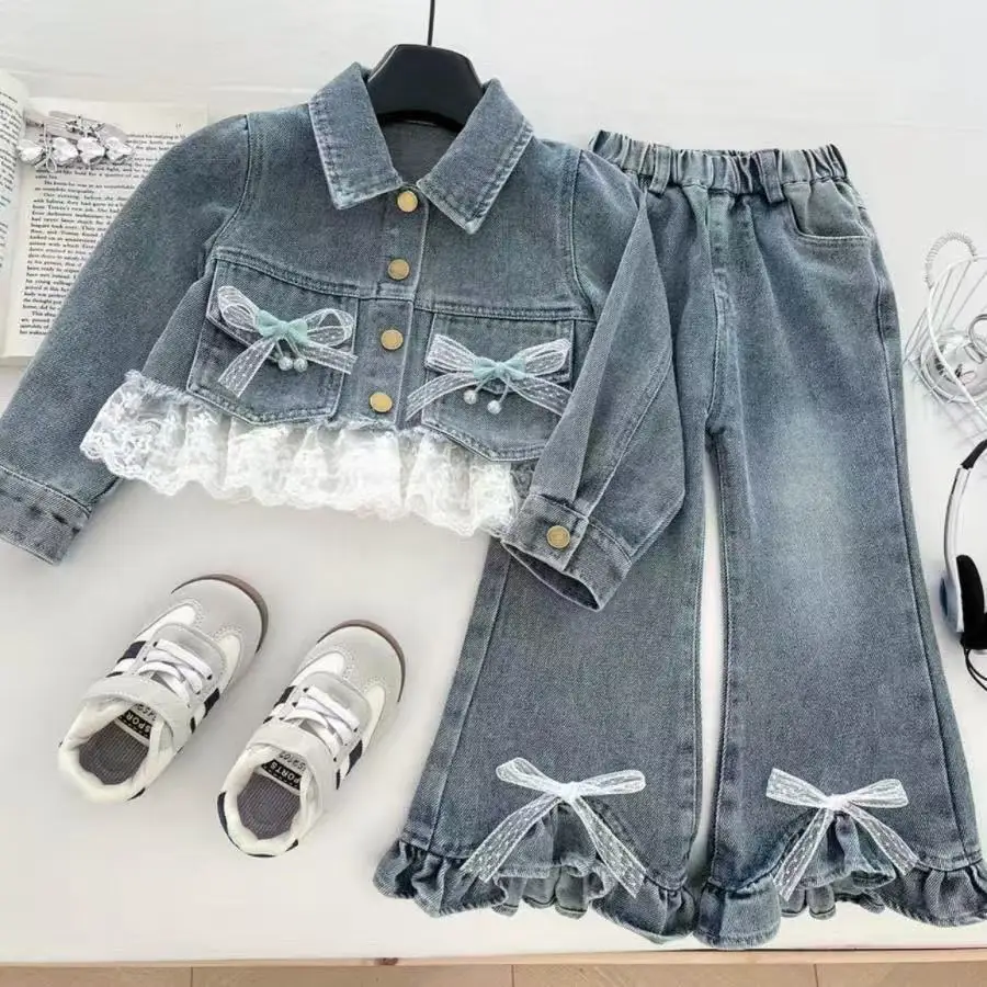 Girls Combination Suit Spring and Autumn New Korean Version Girls Denim Top Lace Trousers Baby Cute Denim Two-piece Set 90-150cm
