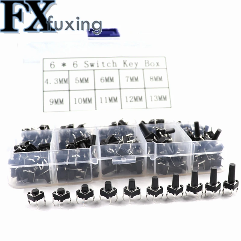 10 models 200pcs 6*6 Tact Switch Tactile Push Button Switch Kit, Height: 4.3MM~13MM DIP 4P micro switch 6x6 Key switch 6*6*5 mm