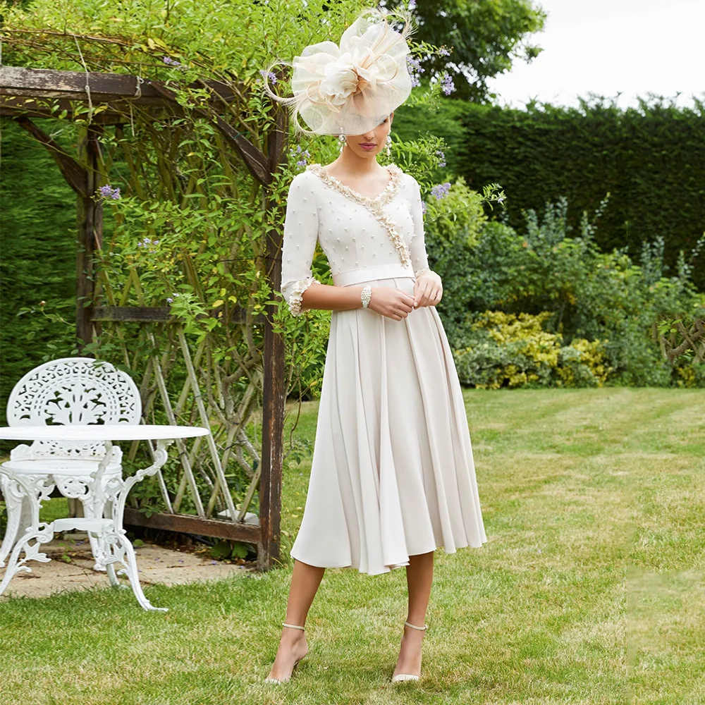 

Платье для матери невесты миди с цветами и V-образным вырезом, жемчугом и половиной рукавов, свадебные платья для гостей для женщин, трапециевидной формы, чайной длины, вечерние платья