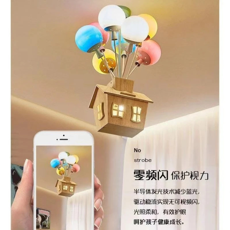 Cartoon Flying House Balloon Ceiling Light Kids Bedroom Colorful Wood House Design Children's Room Nursery Playroom Cute Fixture