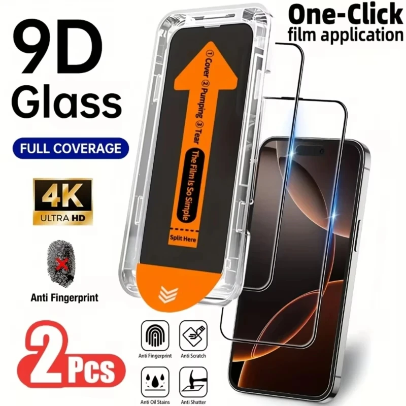 2 uds película protectora de pantalla de vidrio templado transparente HD de instalación de un clic para iPhone 17 16 15 14 13 12 11Pro Max Air Mini 16e