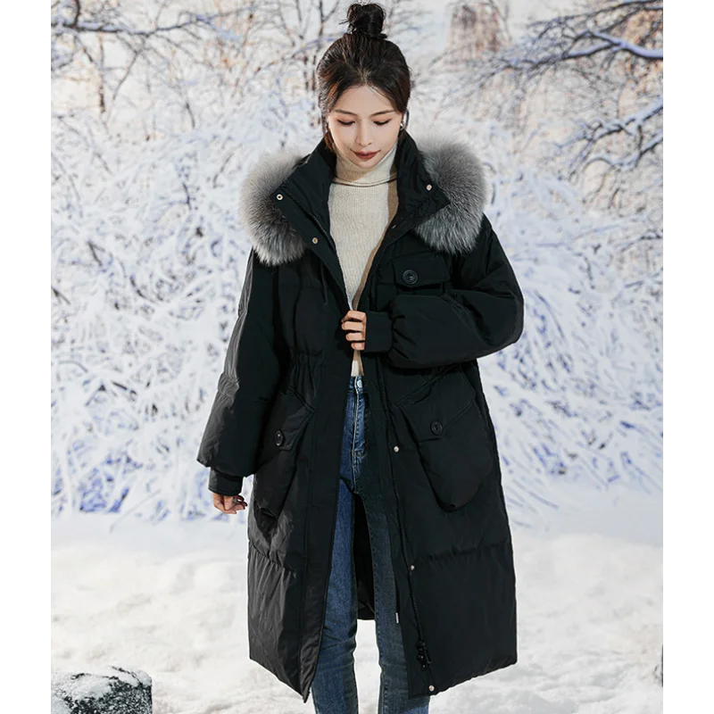 Pregnant Woman White Duck Down Jackets Hooded Warm Fur Fox Collar Oversize Winter Long Coats Clothes Loose Parkas Green Clothing