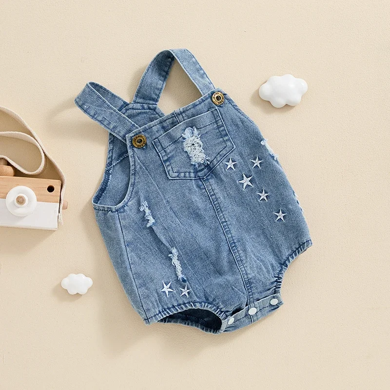 Baby Girls Denim Romper Overalls Bodysuit Ripped Star Embroidery Buttons Straps Infant Jumpsuit Summer Clothes