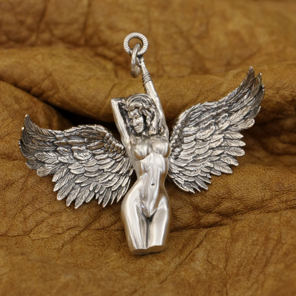 925 Sterling Silver Charms Sexy Angel Pendant Girl with Wing TA372 BZ