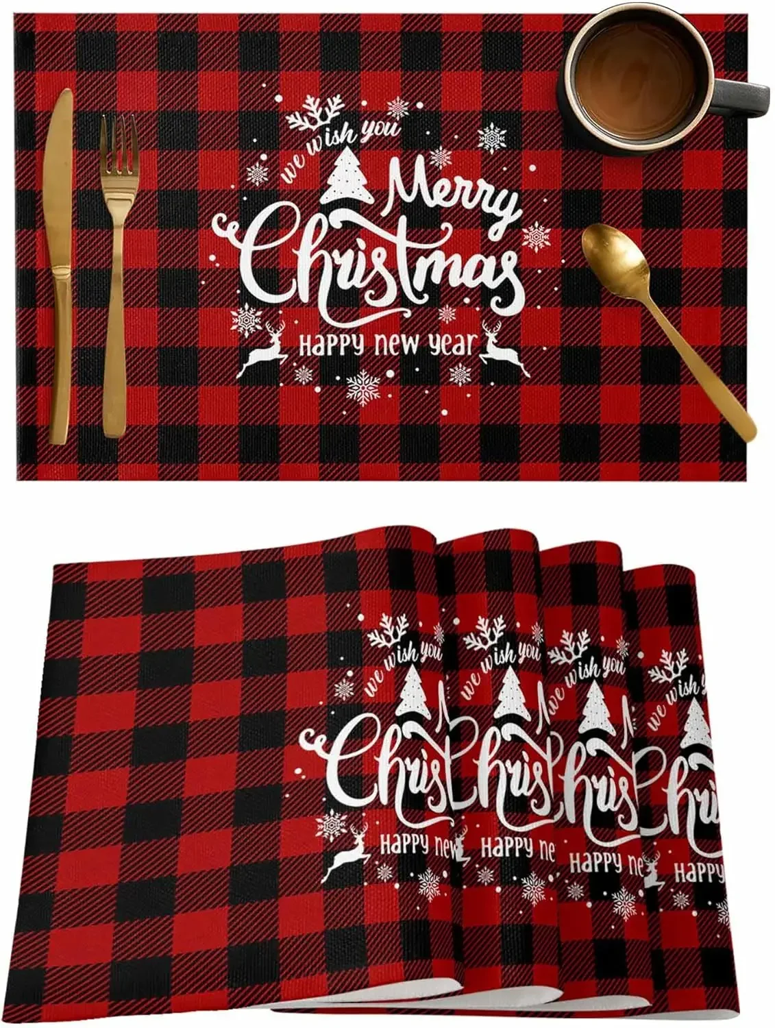 Christmas Snowflake Xmas Elk Buffalo Plaid Linen Placemats Set Dining Decor Washable Winter Holiday Placemats Xams Decorations