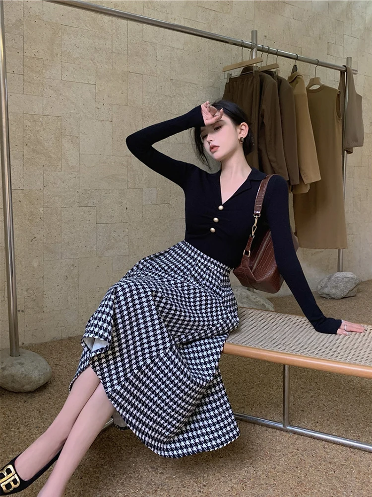 Plus size feminino de malha longa sve base irt e saia midi conjunto outono cintura alta xadrez sle faion outfit colarinho