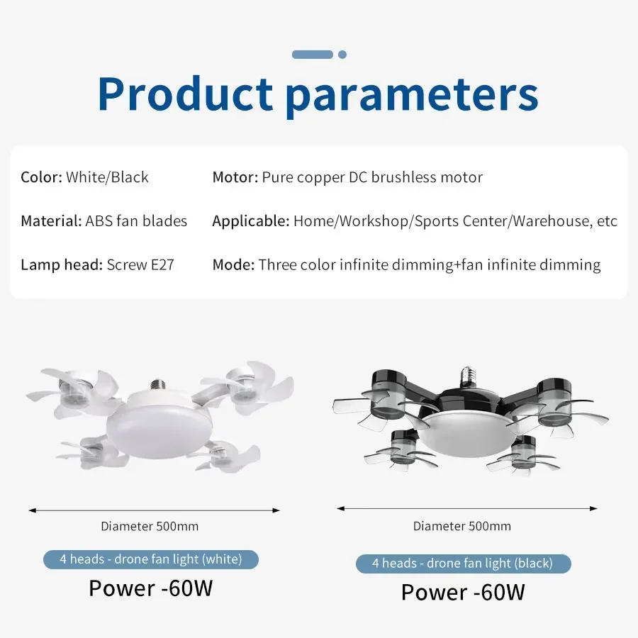 2-in-1 60W Fan Light E27 Drone Design Ceiling Fan Light with Remote Control AC85-265V Fan Lighting Bulb for Home Restaurant