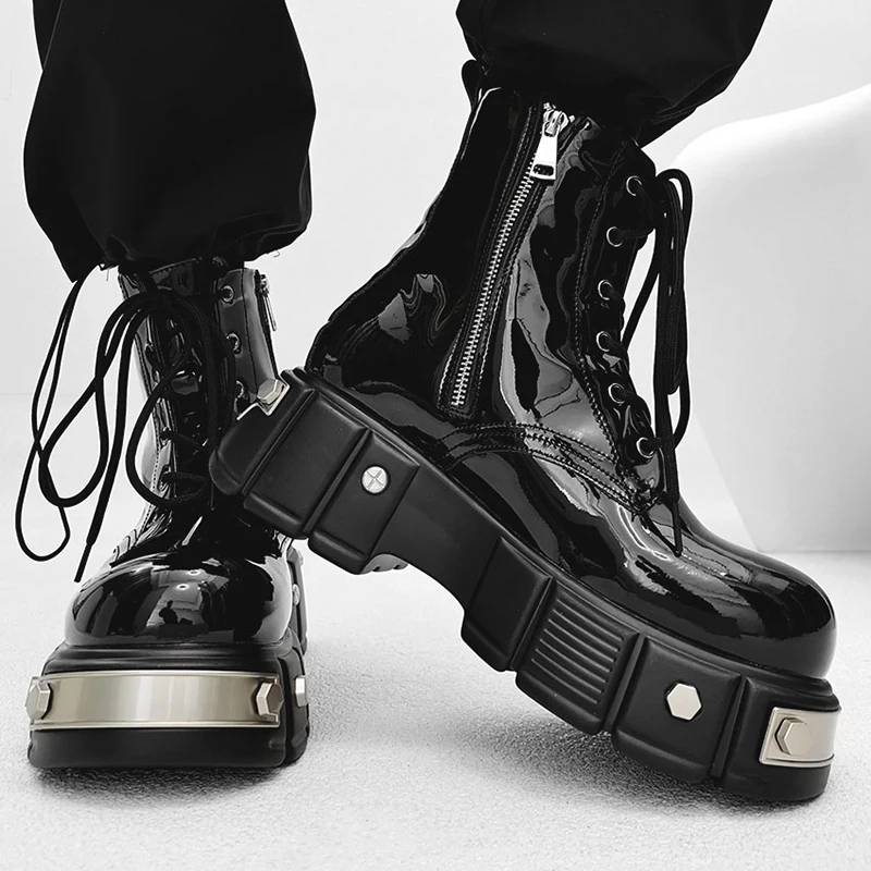 plus size men fashion punk gothic patent leather boots black designer shoes cowboy autumn winter boot trendy platform botas male