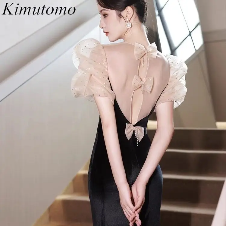 

Kimutomo Sequined Mesh Bows Velvet Evening Dresses Puff Short Sleeves Patchwork Hip Dress Celebrity Backless Vestidos De Fiesta