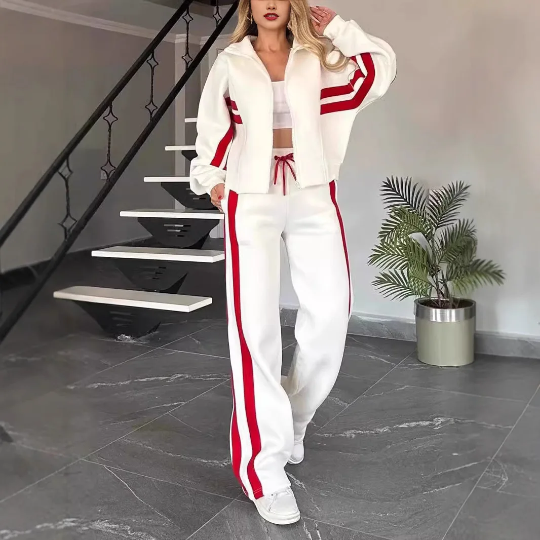 

Fashion Patchwork Contrasting Color Suit Casual Zipper Long Sleeved Hooded Top Lace Up Straight Trousers Two Piece Set Autumn