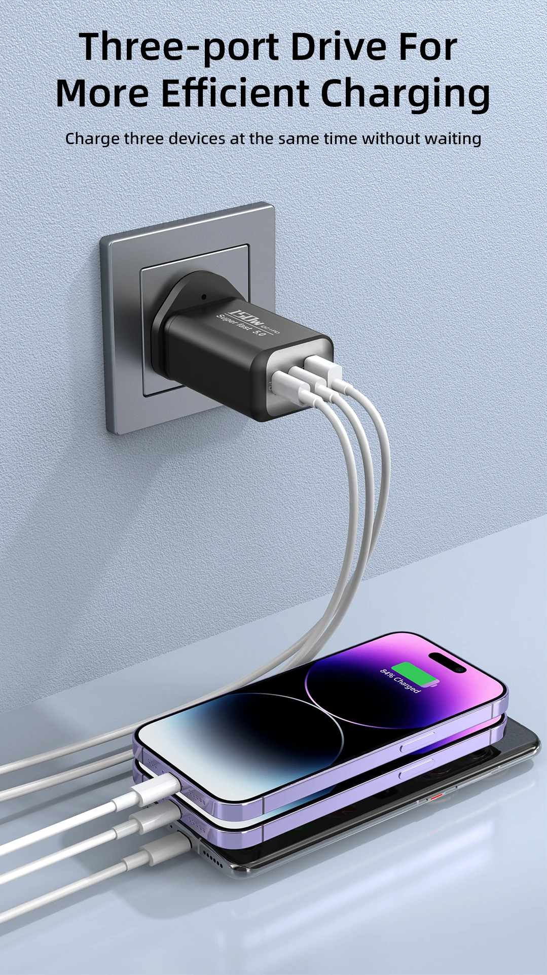 150W Schnellladegerät 3-Port 2PD QC3.0 USB Typ C Netzteil Reise-Ladeblock für iPhone Samsung Xiaomi EU/UK/US-Stecker – Detail 3
