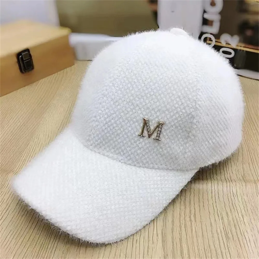 Autumn Simple Metal M Solid Color Rabbit Hair Baseball Cap Women\'s Winter Outdoor Warm Thickened Fashion Plush Sunshade Hat 2023