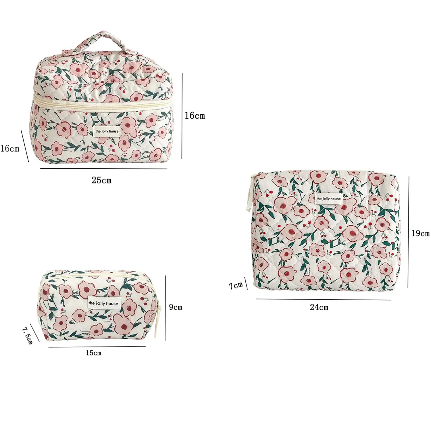 3Pcs Portable Makeup Bag Quilted Makeup Bag Set Large Capacity Cotton Travel Makeup Pouch Women's Toiletries Organizer