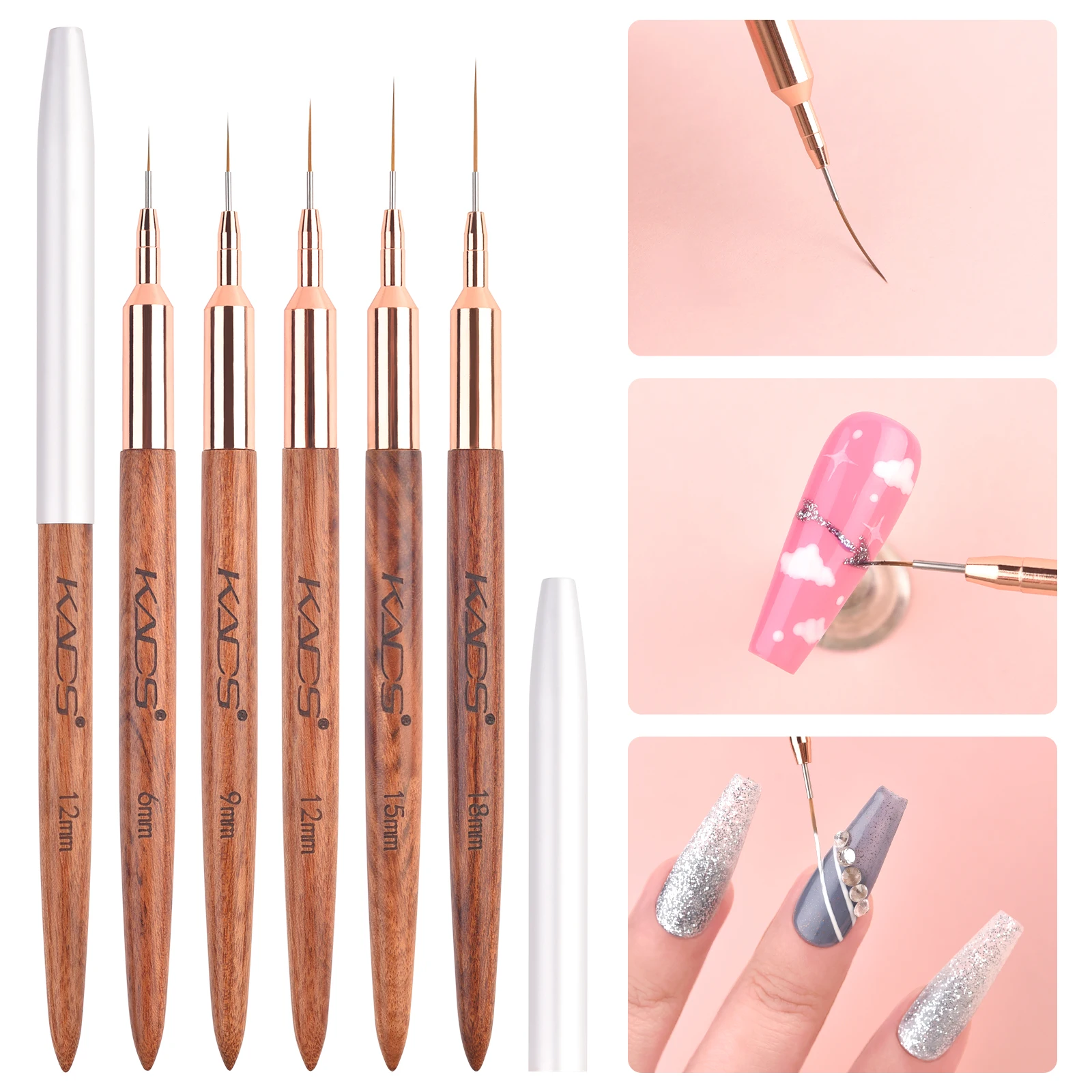 5pcs/set Round Wood Handle Nail Liner Brush Kads DIY Painting Brush Brown Drawing Lines Stripe Flower Painting Pen 5 Sizes