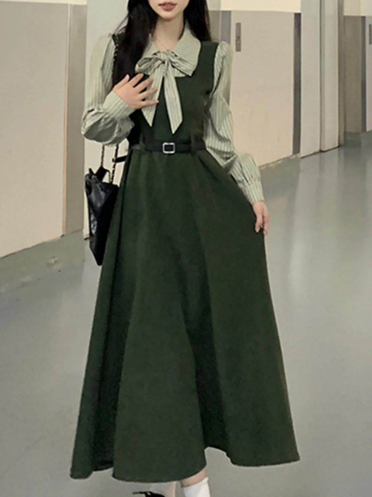 

Retro Olive een College Sle Forest System Dr Women's Autumn Winter Large Size Fake Two-Piece Brued Corduroy Long Dr