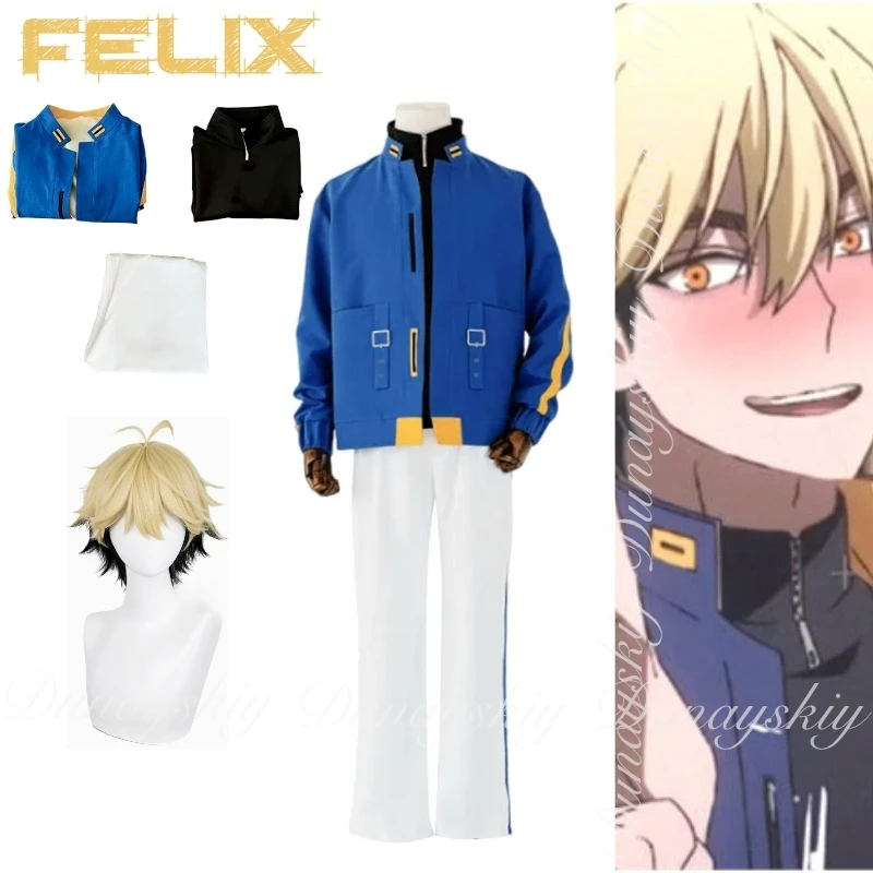 

Link Click: Bridon Arc Anime Felix Cosplay A Model With Yellow Hair And Orange Eyes With Daliy Clothes Cosplay Costume Full Suit