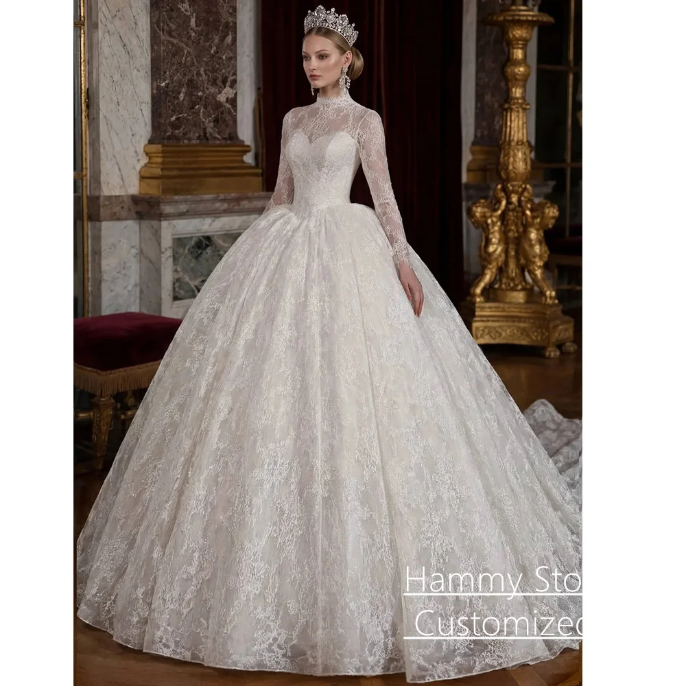 

Exquisite Lace Wedding Dress Customized High Neck Long Sleeve Sweep Train Ball Gown Bride Dresses for Woman Robe De Mariee