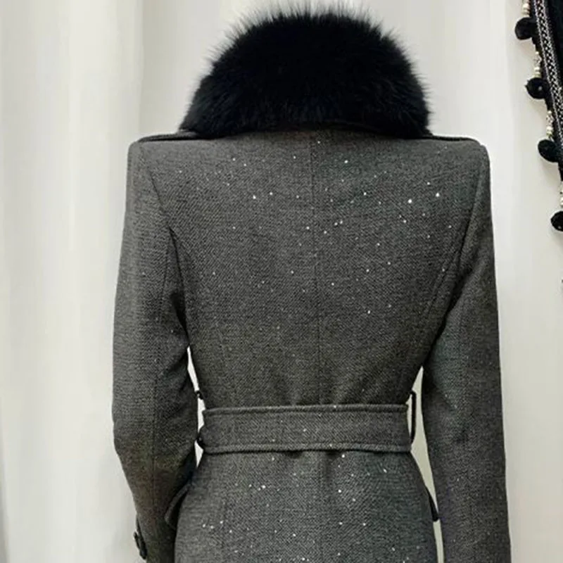 Fashionable Women's Woolen Coat 2025 Winter New Natural Collar Slim Shaping High-Quality Thickened Grey Women's Woolen Coat H676