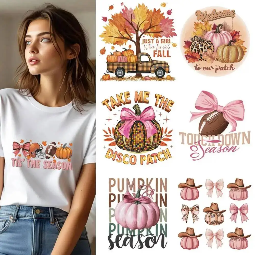 25CM Pink Autumn Harvest Season Pumpkin Heat Transfer Patches For Clothes DIY A-Level Washable Shirt Iron-on Thermal Sticker