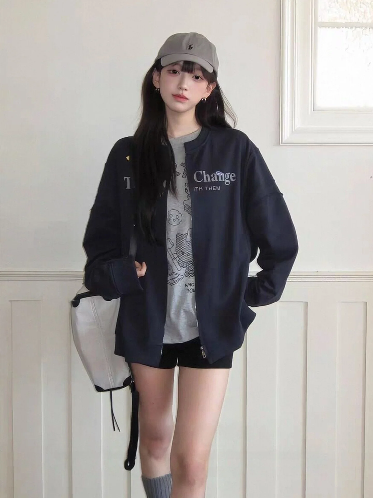 

Oversize Hoodie Jaet Women's Early Spring Zipper Open Cardigan Loose Long Sve round Ne Printed Couple's Top