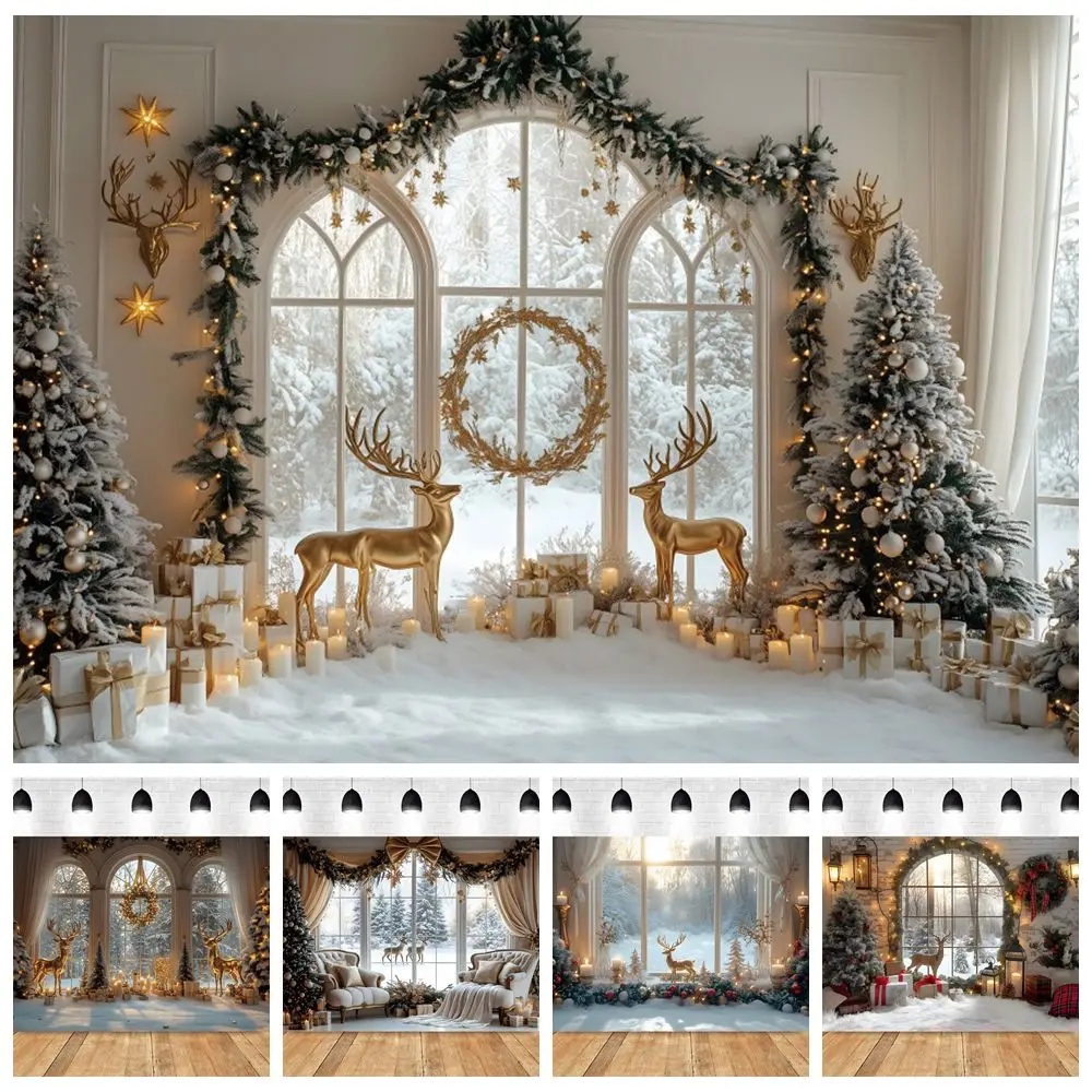 

2024 Christmas Photography Backdrop Xmas Tree Gifts Reindeer Window Snow Scenery Winter Baby Kids Family Photo Background Decor