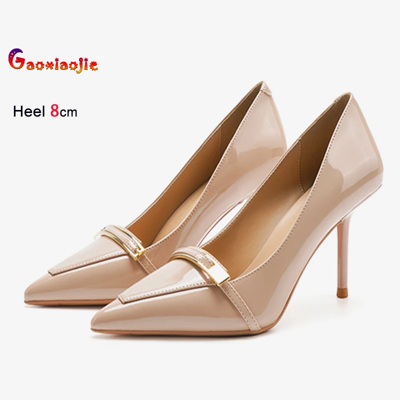 

Базовые женские офисные рабочие туфли на тонком высоком каблуке с острым носком и металлическими украшениями, осенние модные женские универсальные туфли-лодочки на шпильке 8 см
