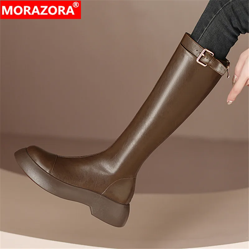 MORAZORA 2024 New Autumn Thick Med Heels Shoes Zipper stivali alti al ginocchio stivali da donna con plateau in vera pelle