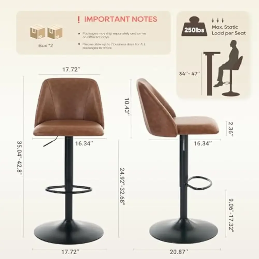 Juego de 4 taburetes de bar, sillas de bar giratorias modernas, taburetes de bar tapizados de cuero PU ajustables, altura de mostrador con respaldo completo