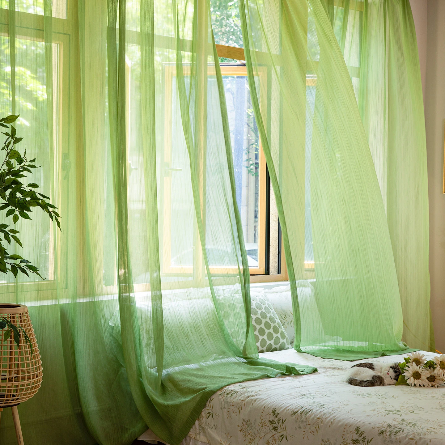 French Pine Green Gauze Countryside Window Screen Small Fresh Orange Translucent Gurtain Living Room Sunscreen Partition Decor