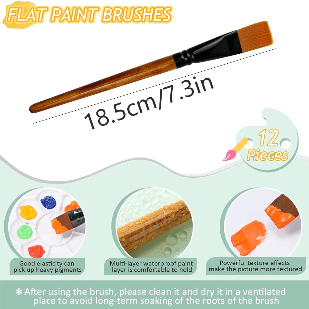 12pcs Wide Flat Acrylic Paint Brushes - 3/4 Inch Synthetic Nylon Bristles for Detail Art Painting, Oil, Watercolor - Bulk Paint