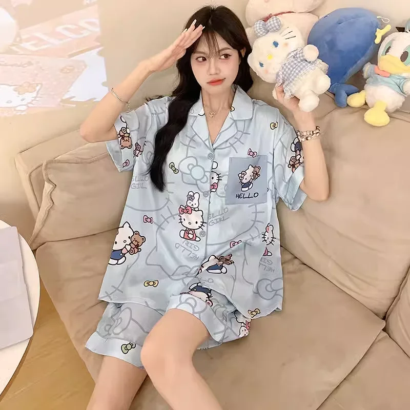 Sanrios Hello Kitty Short Section Ladies Pyjamas Set Pyjamas Women Summer Kawaii Cartoon Loose Pajamas Pajama Trousers Set