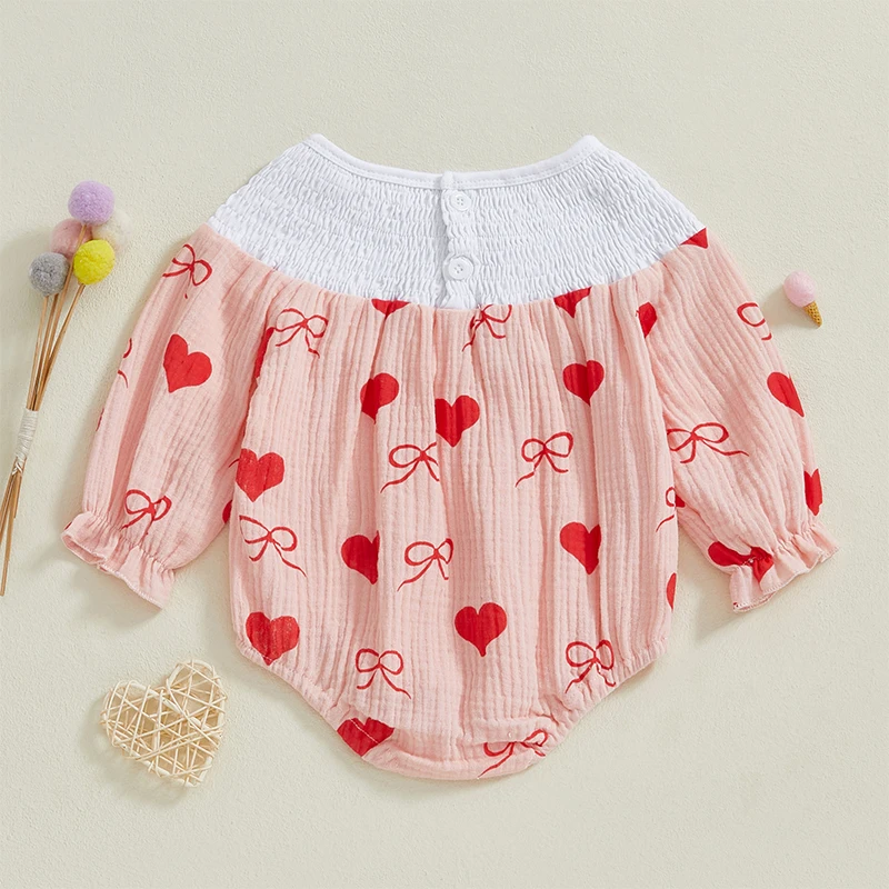 Tregren Valentine's Day Baby Romper Infant Girls Bow Heart Print Round Neck Long Sleeve Smocked Bubble Jumpsuit Newborn Clothes