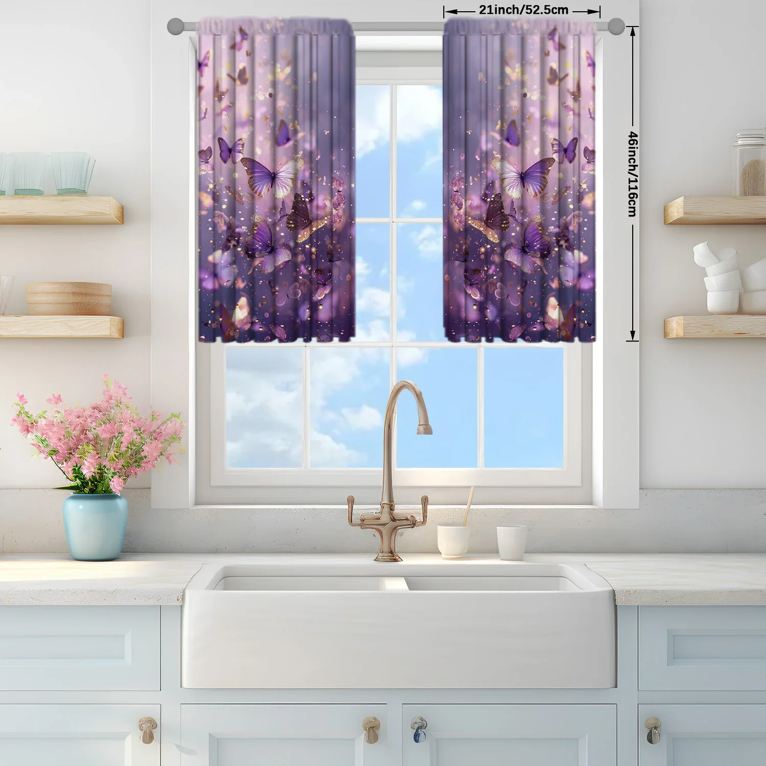 2pcs Purple Butterfly Printed Curtain for Home Decor - Rod Pocket Window Treatment for Bedroom, Office, Kitchen, Living Room