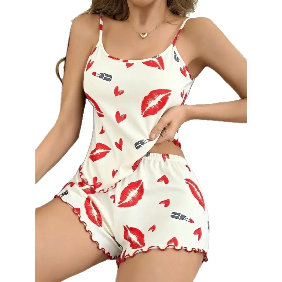 Women Lips Heart Print Cami Top Shorts Pajama Set Ruffle Trim Satin Sleepwear Sexy Summer 2 Piece Loungewear Home Nightwear