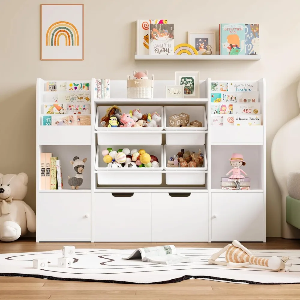 Grand organisateur de jouets de 50 po avec 4 bacs, 6 compartiments, 2 tiroirs – Bibliothèque pour enfants pour l'organisation des salle de jeux, blanc