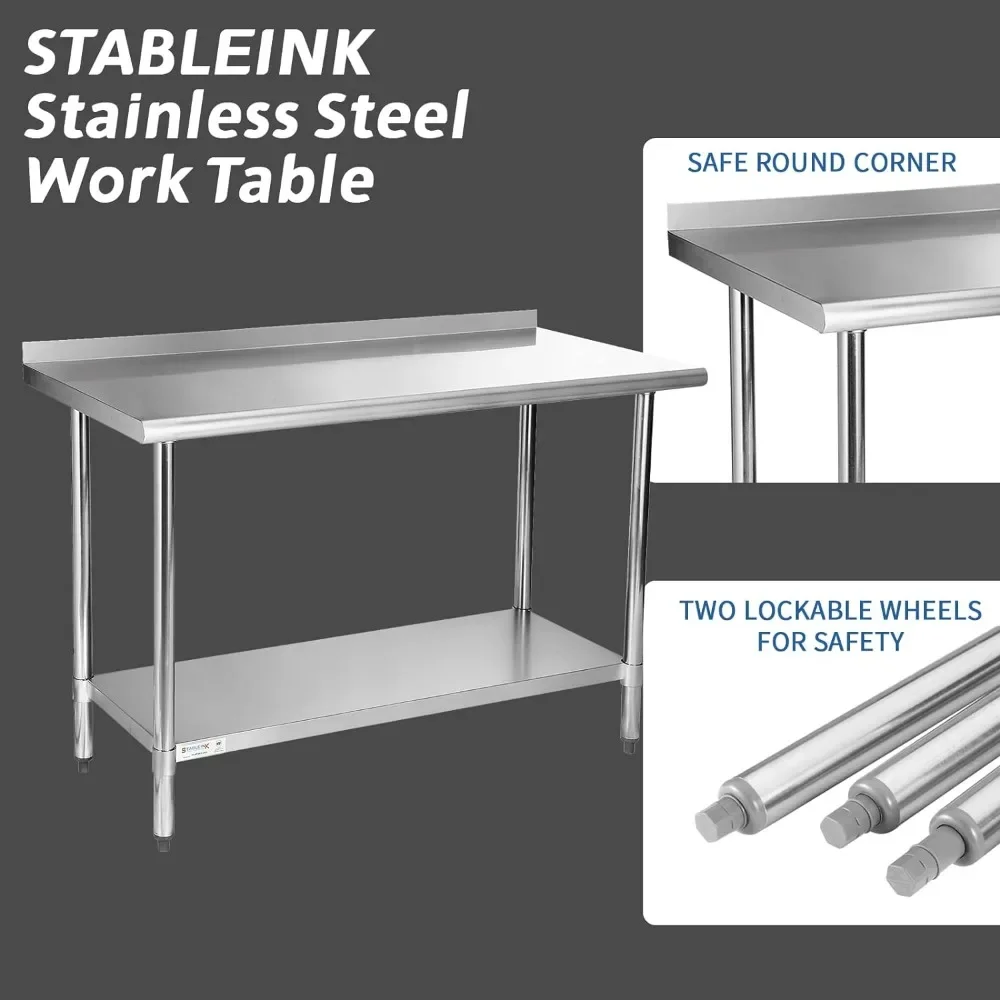 NSF Stainless Steel Table 24 x 60 Inches Metal Prep & Work Table with Backsplash Adjustable Undershelf and Table Foot