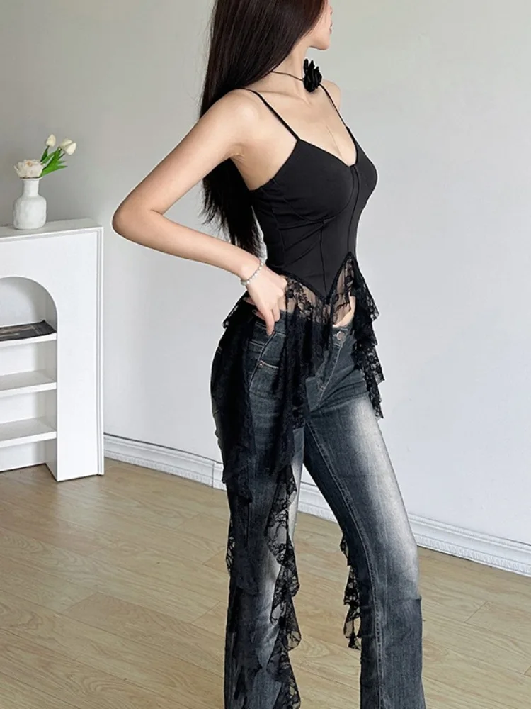 2024 Y2k Aesthetic Irregular Lace Ruffled Tank Top Women Sexy Skinny Design Corset Stretch Tube Streetwear Bandage Grunge Tanks