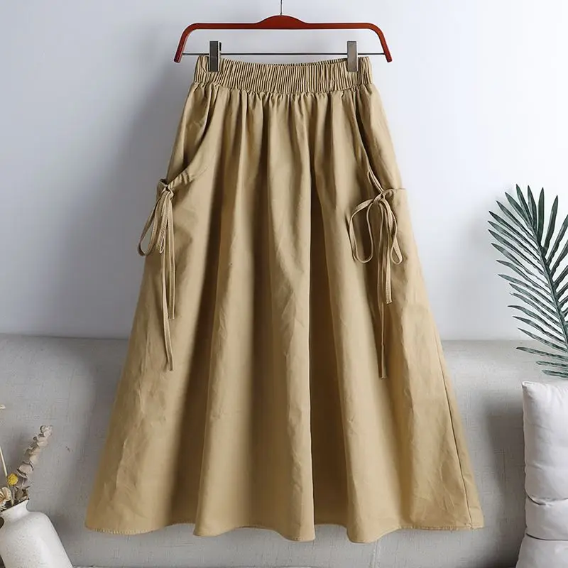 

Summer New All-match Pleated Drawstring Skirts Elastic Waist Lacing Loose Pockets A-line Skirt Casual Fashion Women Clothing