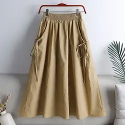 Summer New All-match Pleated Drawstring Skirts Elastic Waist Lacing Loose Pockets A-line Skirt Casual Fashion Women Clothing