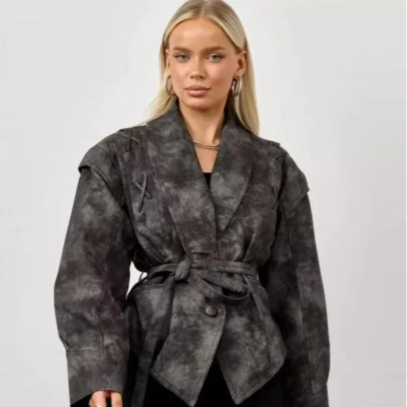 

Fashion Women Vintage Faux Leather Jacket V Neck Long Sleeve Warm Short Lace Up Coats Autumn Female High Street Outerwear