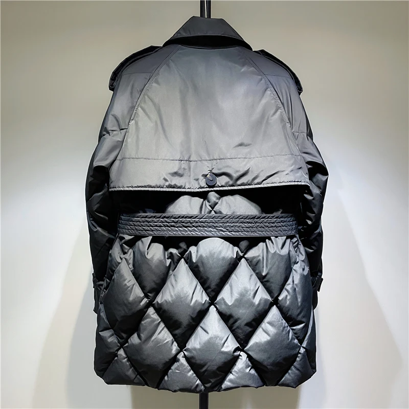 Black Duck down Quilted Coat Women's Medium Length Waist-Cinching Small Fragrance Sle Rhombus Pattern Slim Fit Winter Jacket