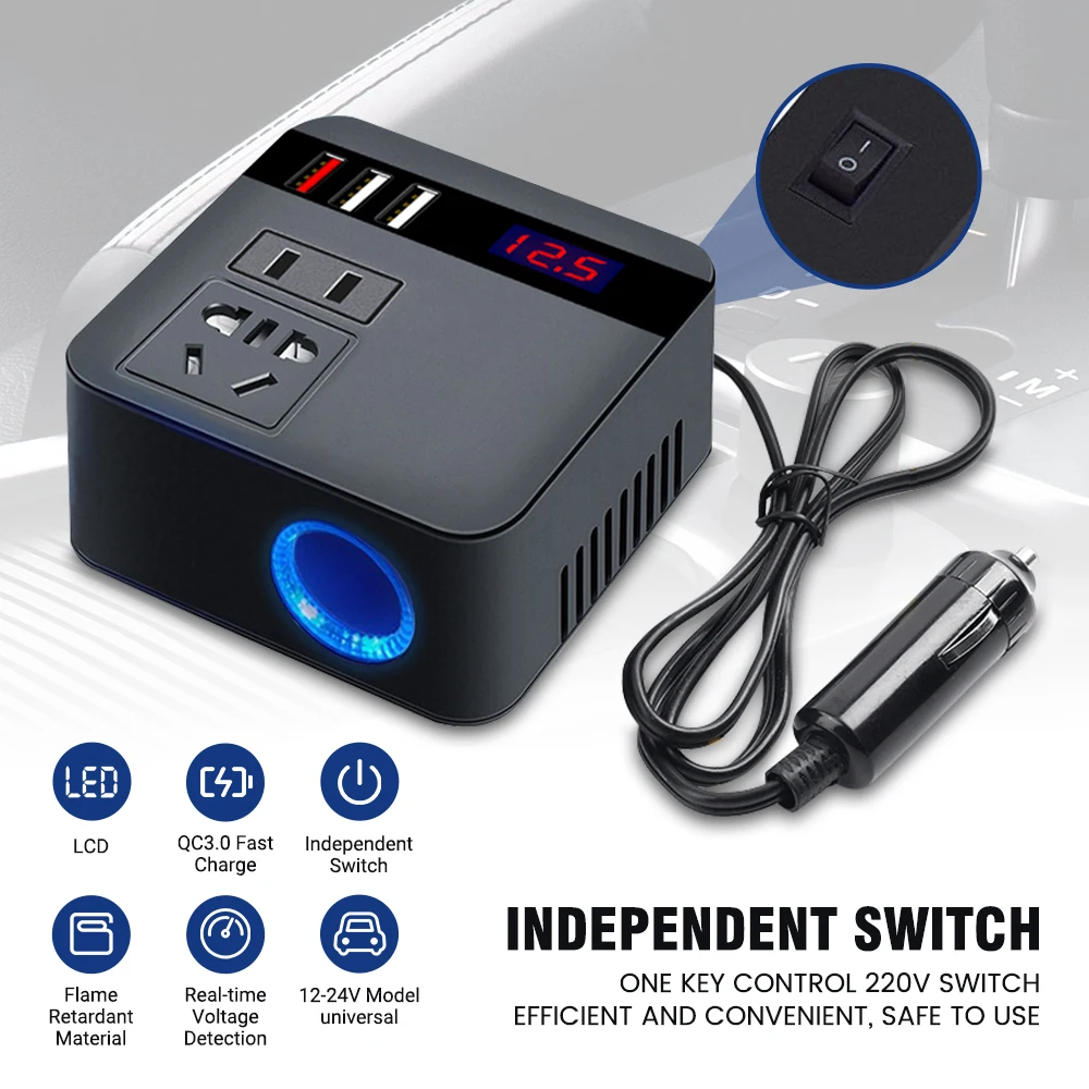 12v/24v DC to 220V AC Car Power Converter Adapter Inverter with LED Display USB Sockets Power Fast Charging Inverter for Vehicle