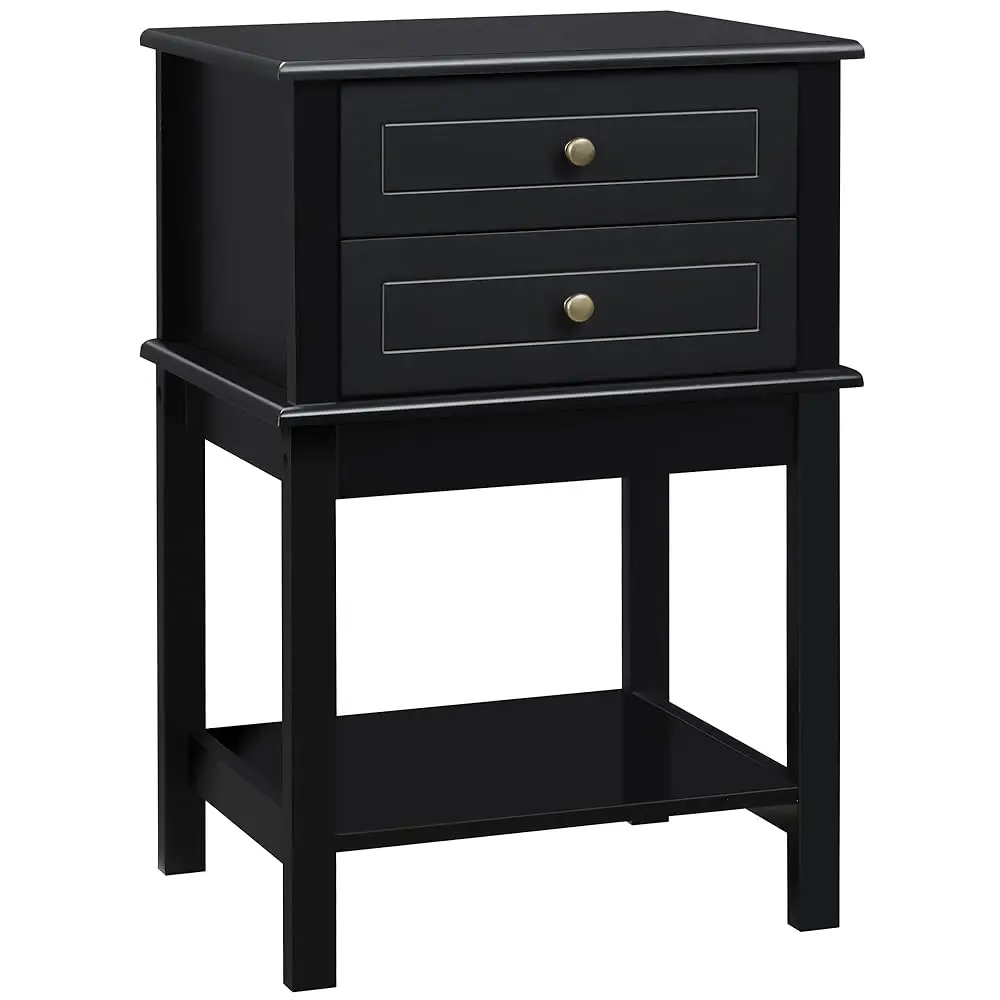 Side Table With 2 Storage Drawers, Modern End Table With Bottom Shelf For Living Room, Home Office, Black