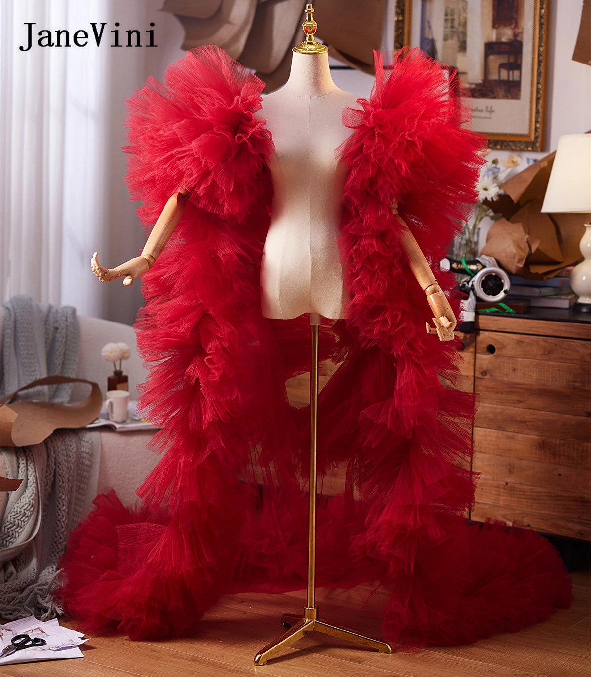

JaneVini Luxury Red Voluminous Tulle Bridal Cape Long Jacket Ruffled Train Puff Sleeve Wedding Shrug Shawl Lady Evening Cape