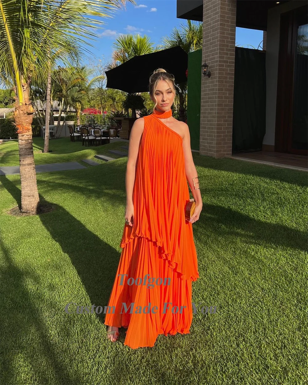 Bafftafe Oange Chiffon Prom Dresses Crumpled Halter Formal Wedding Party Bridesmaid Dress One Shoulder Women Evening Gowns 2023