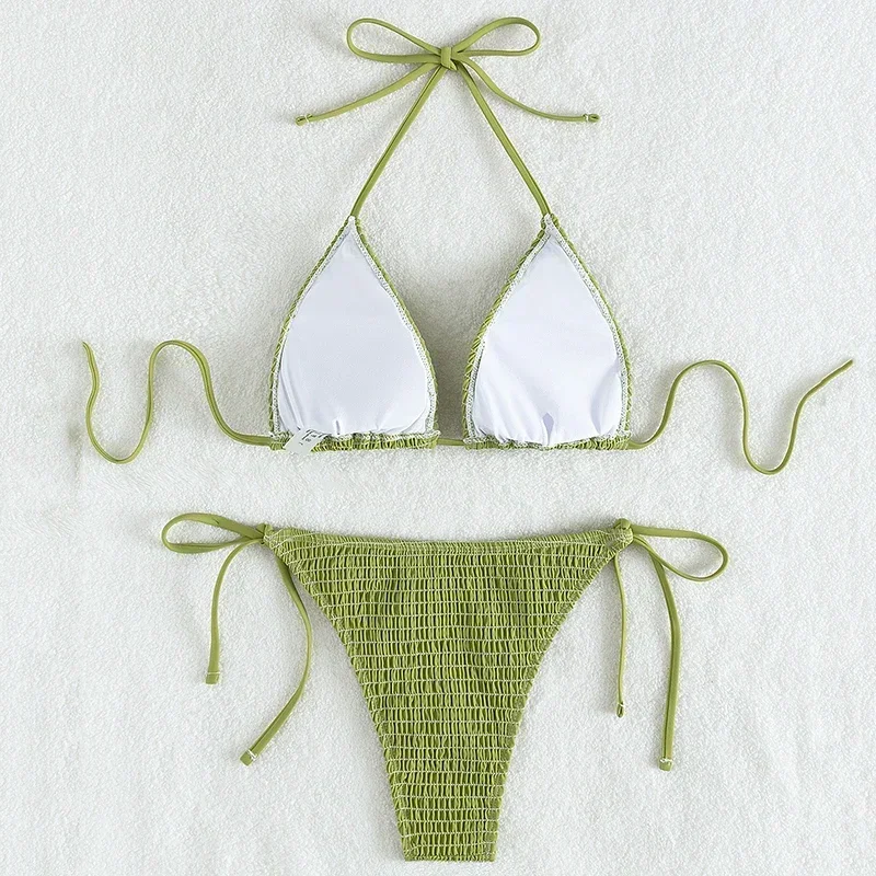 Sexy Green String Halter Micro Triangle Bikinis Set Mujer Thong Swimsuits Women Wrinkled Swimwear Lace-up Bathing Suits Biquinis