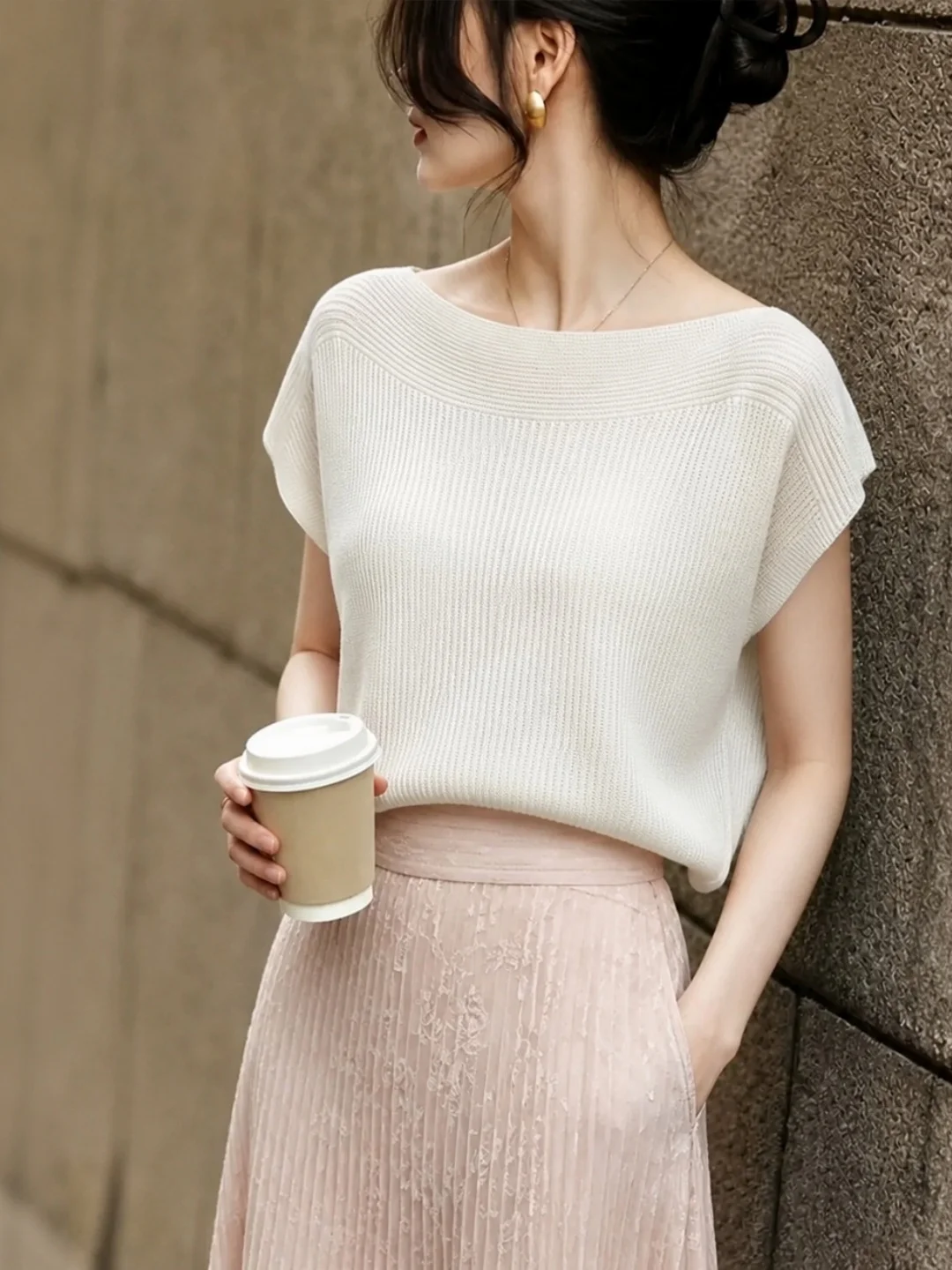 

Silk Knitted Ice Silk Short Sleeve Overhead Soft Comfortable Pure Color Versatile Summer Design Slimming Women's Top Shirt